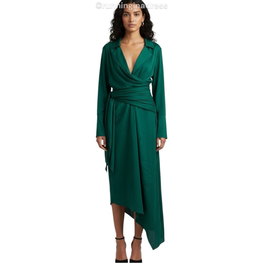 NWT ASOS DESIGN Draped Faux Wrap Satin Shirt Dress In Emerald Green Size 8